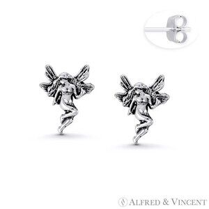 Winged Pixie / Fairy /Nymph Charm Stud Earrings in Oxidized .925 Sterling Silver